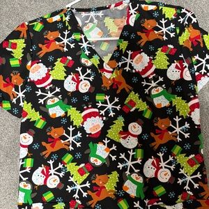 Festive Holiday Print Scrub Top